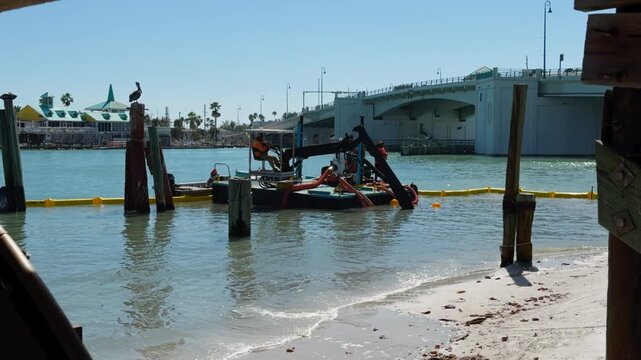 Small dredging barge in operation near a small waterway bridge in shallow channel, heavy machinery floating in buoy work area