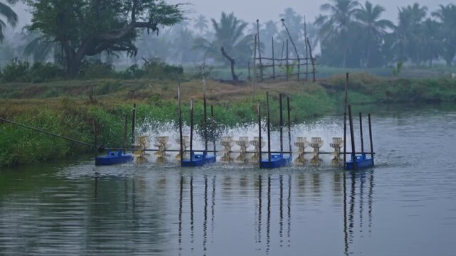 aquaculture pond boundary with splashing paddle wheel aerator, coconut trees and fog at bhimavaram, andhra pradesh, india. day time, zoom out shot, 4k.