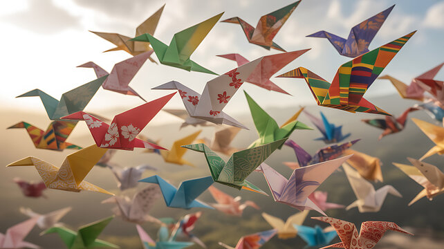 Colorful paper cranes flying in sky emphasizing industrial strength and manufacturing