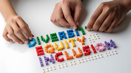 Fototapeta premium Hands arranging colorful blocks spelling diversity equity inclusion perfect for social media campaigns and vlogs