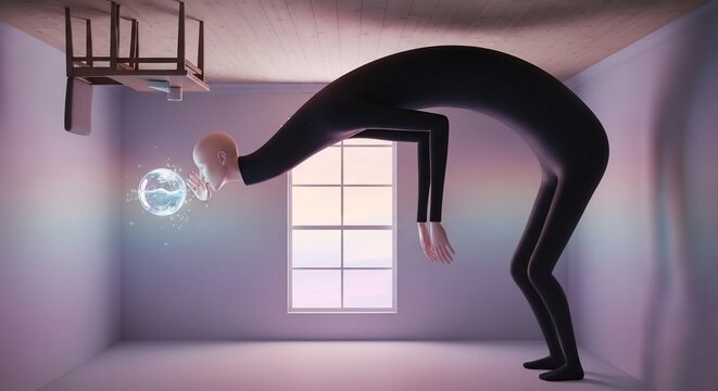 Surreal Man Bending Over to Interact with Glowing Orb in Empty Room.