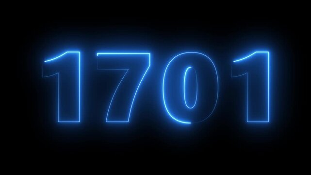 Neon blue glowing number 1701 digital signage animation on black background