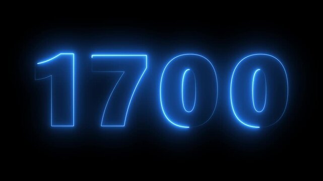 Neon blue glowing number 1700 animated sign on black background, for digital countdown, and tech
