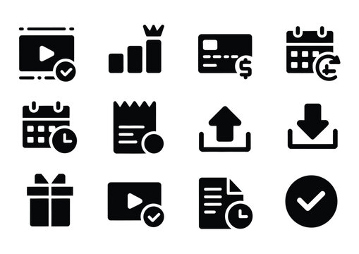 Video streaming platform subscription solid vector icons, billing plans pricing tiers and payment method symbols for digital service UI design