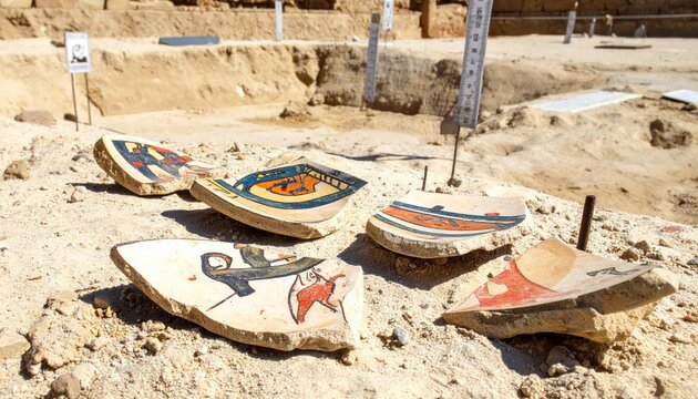 Ancient painted pottery shards with hieroglyphs discovered at archaeological excavation site