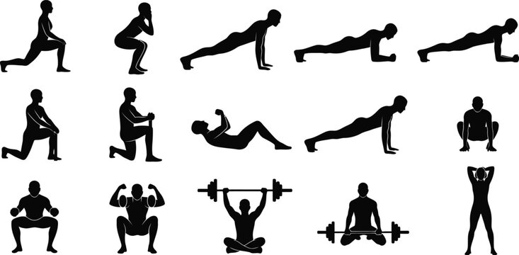 12 stages of dynamic workout exercises flat design vector illustration
