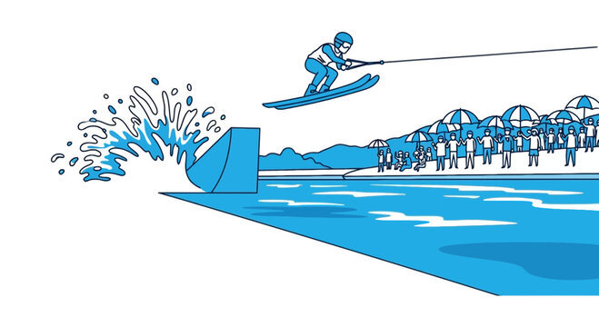 Water ski athlete performing a jump stunt over blue water