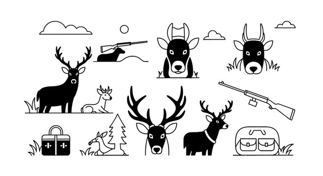 Deer Hunting and Wildlife Vector Icon Set