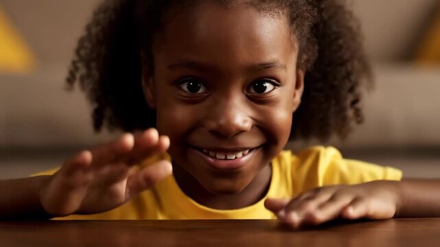 Joyful portrait of a smiling young child with big eyes, engaging the viewer indoors using soft natural light.
