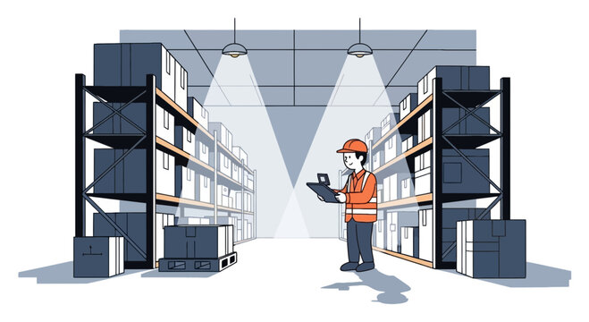 Warehouse worker checking inventory with digital tablet illustration