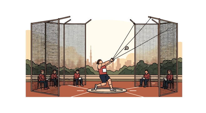 Female athlete performing hammer throw in athletic stadium illustration