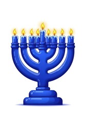 Fototapeta premium Blue menorah with nine lit candles glows against a white background.