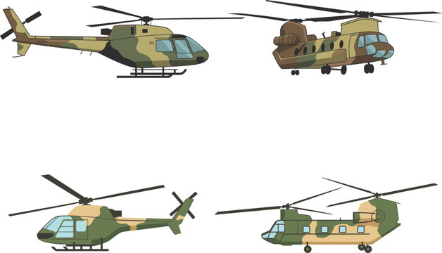 Military helicopters set with camouflage patterns showing different army aircraft types in flat illustration