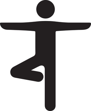 A black stick figure icon standing in a balanced pose with arms outstretched and one leg raised, isolated on a white background, symbolizing balance, yoga, or stability.