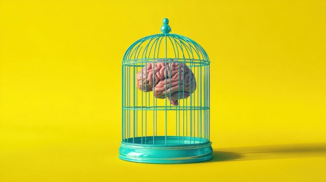 Human brain locked inside turquoise birdcage on bright yellow background concept of trapped mind