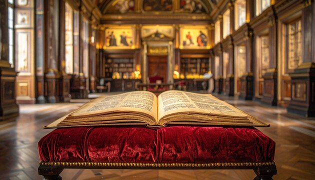 An open ancient vellum manuscript with elegant Latin script resting on a red velvet cushion inside a grand library.