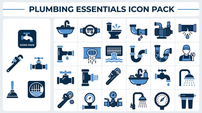 Plumbing Essential and Pipe Repair outline icon set. Featuring faucet, pipe wrench, drain, water leak, and valve symbols. Editable stroke vector icons for plumber service and bathroom installation.