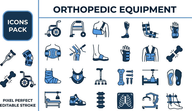 Orthopedic Equipment and Rehab outline icon set. Featuring crutch, brace, cast, walker, and prosthetic limb symbols. Editable stroke vector icons for medical clinic and physiotherapy service.