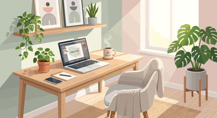 Fototapeta premium A cozy and modern home office workspace featuring a wooden desk, laptop, indoor plants, and soft natural sunlight from a window. Minimalist interior design with warm tones creates a productive 