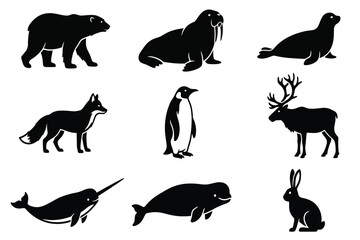 collection of animal silhouettes including bear, walrus, seal, fox, penguin, deer, narwhal, whale, and rabbit isolated on transparent background © Rashedul Haque Sakib
