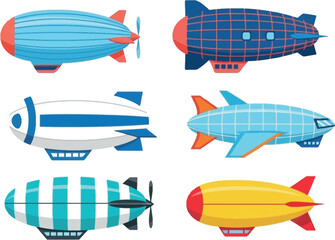 Airship and Zeppelin Icon Set with Retro Flying Balloon Designs for Aviation, Transportation, Travel and Vintage Aircraft Illustration Collection © Rubya