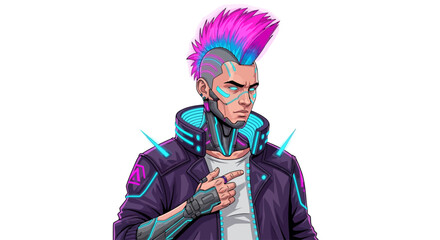 Fototapeta premium Cyberpunk Man With Pink and Blue Mohawk And Futuristic Jacket