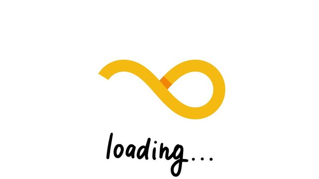 An abstract infinity loop symbol with the word loading written underneath it on a white background, representing progress and continuation