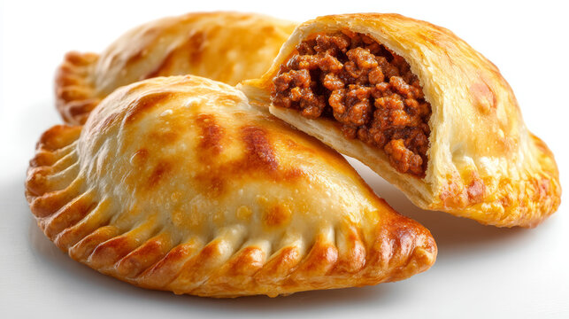 Empanada meat pastry baked golden snack traditional cuisine comforting golden baked meat empanada pastry with rich filling on white background