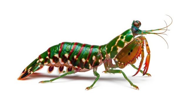 Vibrant Green and Red Mantis Shrimp Creature with Segmented Body and Powerful Claws Isolated on White