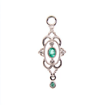 Ornate oval emerald pendant silver jewelry gemstone fine detail vintage style filigree design white background elegance