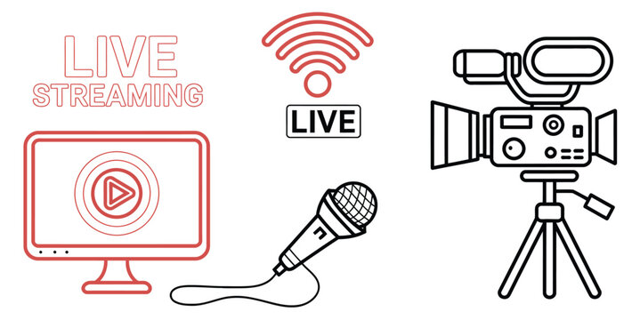 Live streaming broadcast equipment icons vector, digital broadcasting gear including camera mic mixer and encoder for content creation and live media