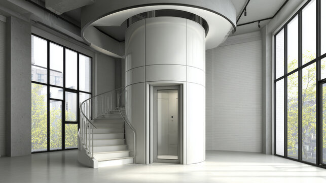 Elevator spiral staircase modern interior white cylinder glass window minimalist design luxury home architectural detail Central white cylindrical