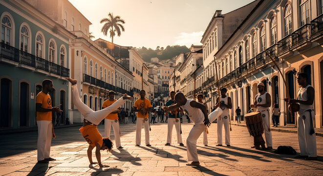 Performers in white and yellow uniforms engaging in acrobatic movements and playing drums on a historic cobblestone street at sunset