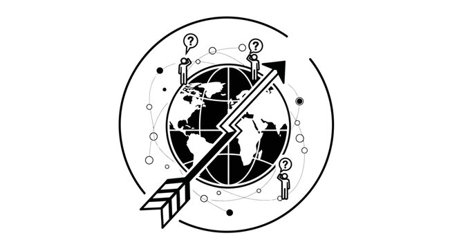 Black and white globe with arrow.