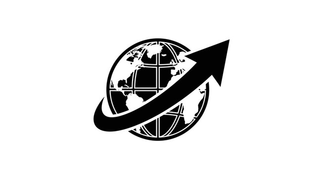 Black and white globe with arrow.
