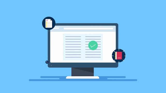 Online education concept. eLearning. online classes. Online education animation suitable for elearning platforms, websites, and presentations with computer monitor and educational icons on document.