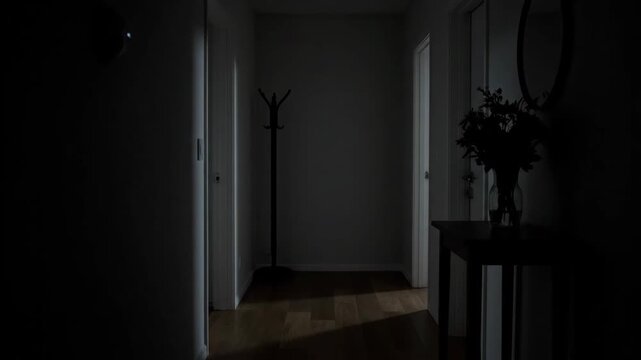 Minimalist hallway interior showcasing dramatic low light and empty space in a modern architectural concept room.