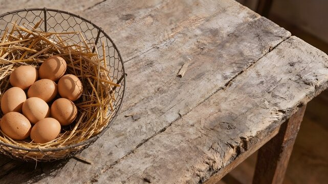 Fresh Brown Eggs in Rustic Wire Basket on Wooden Tablefresh eggs, chicken eggs, brown eggs, wire basket, straw, hay, rustic, wooden table, farm fresh, natural food, organic, countryside, top view🏓 