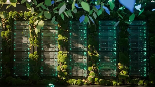 A magical intersection of nature and technology, featuring lush green leaves filtering sunlight onto a futuristic architectural structure in an overgrown garden.