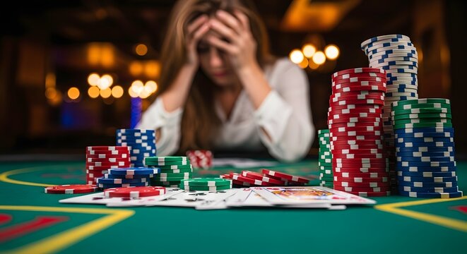 Stressed Woman Losing Money at Casino Table with Gambling Chips and Playing Cards, Concept of Problem Gambling Addiction, Financial Crisis, Despair and Risk in Professional Poker Tournament Game