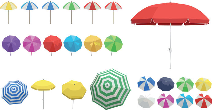 Beach umbrella vector collection with colorful parasols top and side views summer sunshade accessories flat illustration set