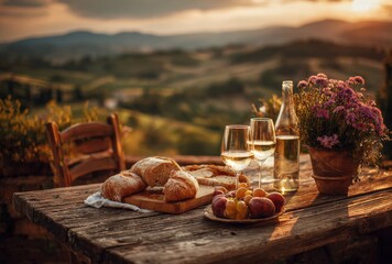 Naklejka premium Rustic Table Setting With Wine And Pastries Overlooking Tuscan Hills At Sunset Golden Hour
