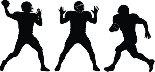 American football player silhouettes, quarterback throwing, defensive blocking, running back rushing, dynamic sport action vector illustration design