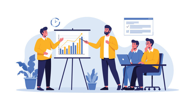 Business team participating in a data presentation where two speakers explain graphs and charts to their colleagues in a modern office.