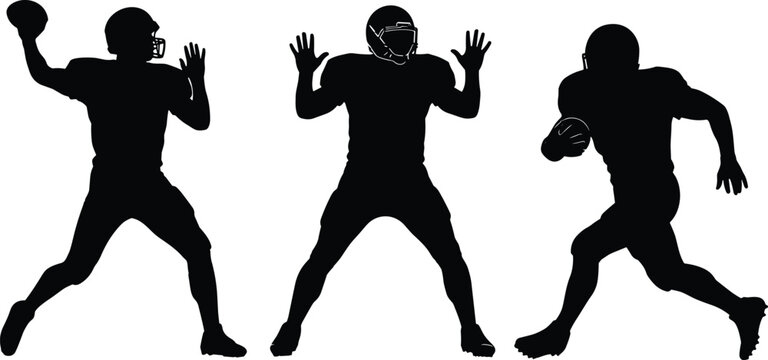 American football player silhouettes, quarterback throwing, defensive blocking, running back rushing, dynamic sport action vector illustration design