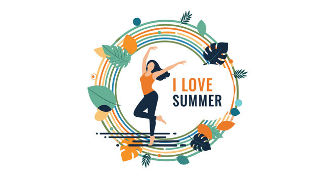 Joyful woman dancing in a decorative circular frame surrounded by colorful tropical leaves and the text I LOVE SUMMER.