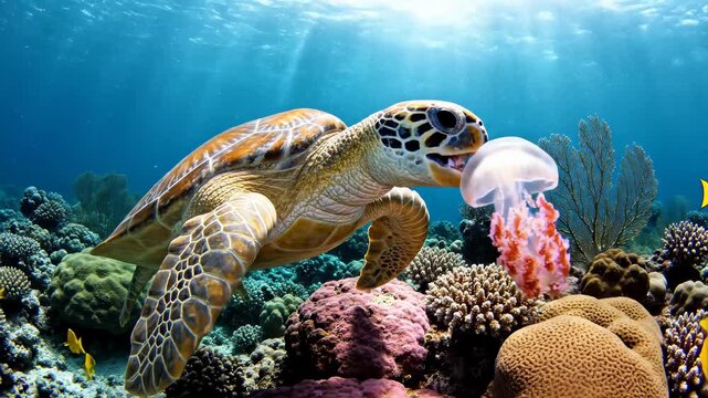 Sea Turtle Swimming Gracefully Over Vibrant Coral Reef Ecosystem.