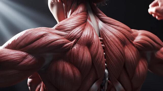 Detailed 3D Anatomy of Human Back Muscles and Spine.