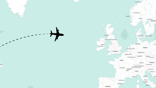 Animated airplane flight path from New York to London digital map footage