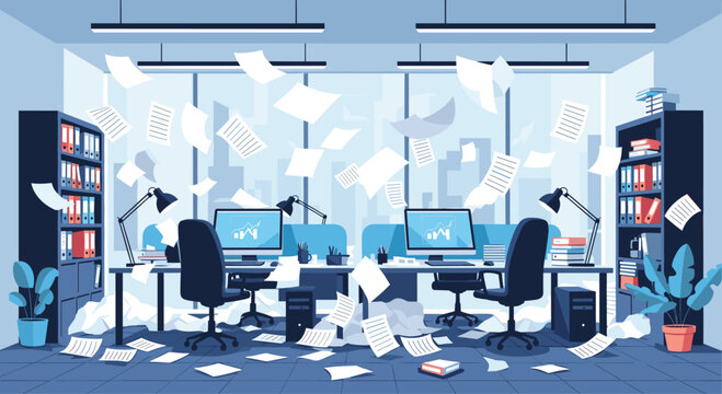 Overwhelming workload concept showing a chaotic and messy office environment with papers flying in the air everywhere.